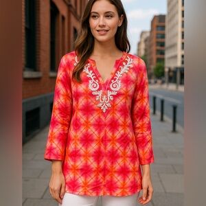 EUC! J.Jill Tie-Dye Embroidered Cotton Tunic Top Pink/Orange Boho Resort Style